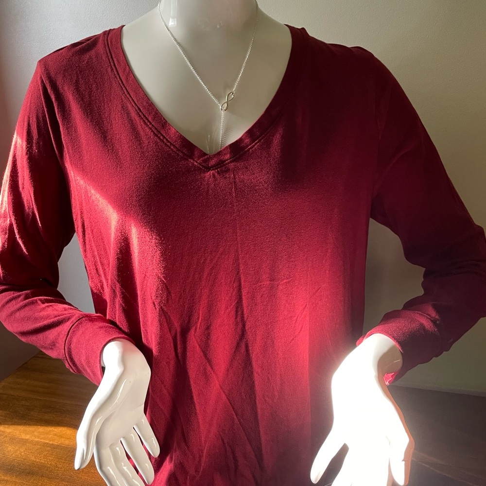 Terra & Sky Deep Red Long Sleeve V-Neck Top